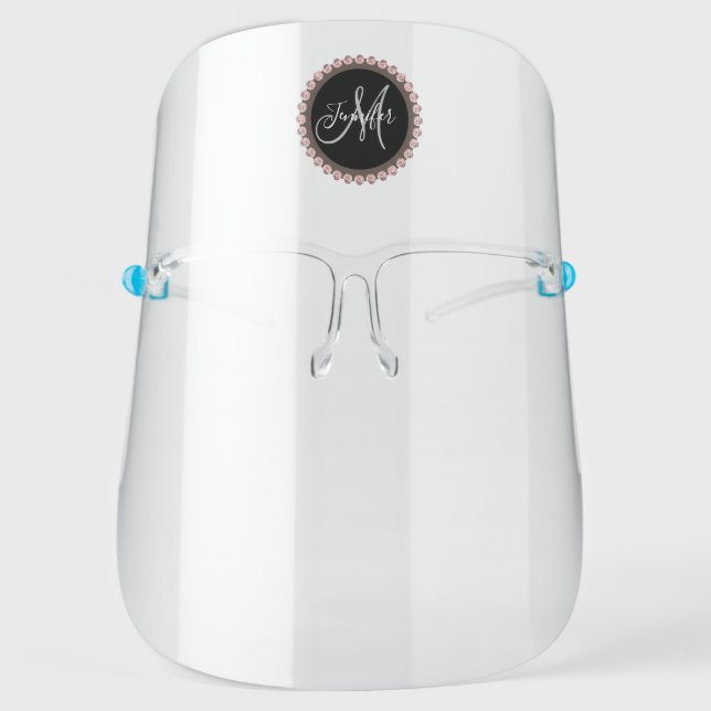 Girly Rose Gold Pink Diamonds Monogram Name Face Shield (Front)