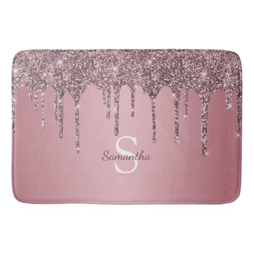 Girly Rose Gold Pink Glitter Drip Sparkle Monogram Bath Mat