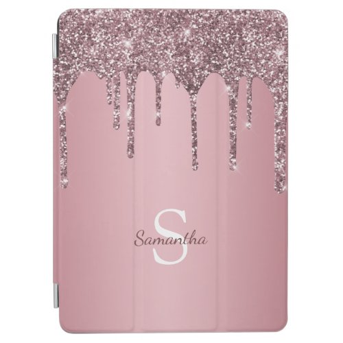 Girly Rose Gold Pink Glitter Drip Sparkle Monogram iPad Air Cover