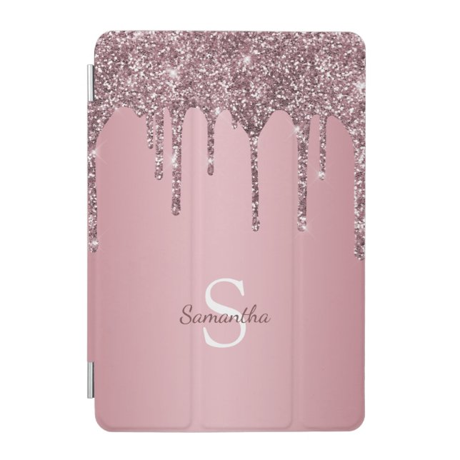 Girly Rose Gold Pink Glitter Drip Sparkle Monogram iPad Mini Cover (Front)
