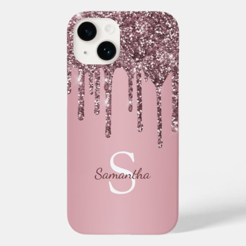 Girly Rose Gold Pink Glitter Drips Monogram Name Case_Mate iPhone 14 Case