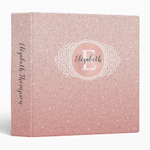 Girly Rose Gold Pink Glitter Monogram 3 Ring Binder