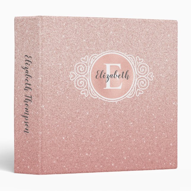 Girly Rose Gold Pink Glitter Monogram 3 Ring Binder (Front/Spine)