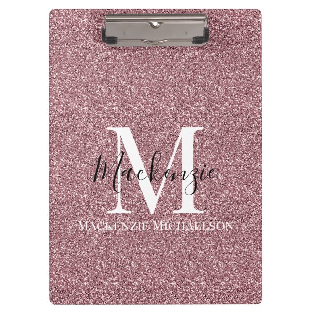 Girly Rose Gold Pink Glitter Monogram Name  Clipboard (Front)
