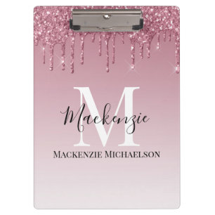 Girly Rose Gold Pink Glitter Monogram Name Clipboard