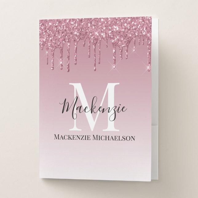 Girly Rose Gold Pink Glitter Monogram Name  Pocket Folder (Front)