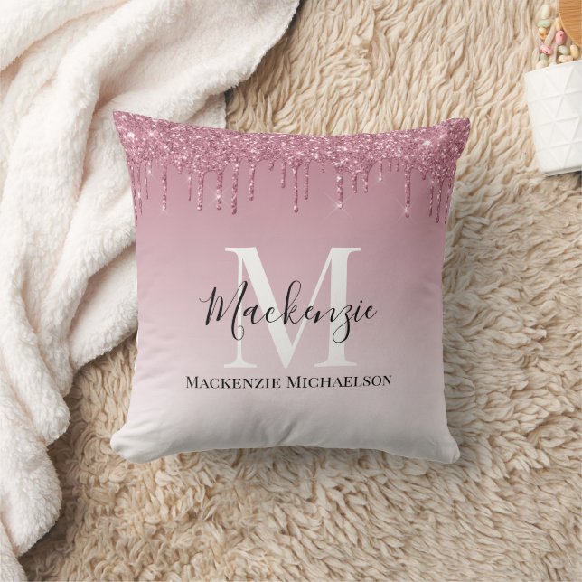 Girly Rose Gold Pink Glitter Monogram Name   Throw Pillow (Blanket)