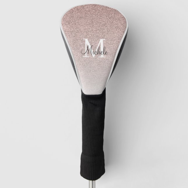 Girly Rose Gold Pink Glitter Monogram Script Golf Head Cover (Front)