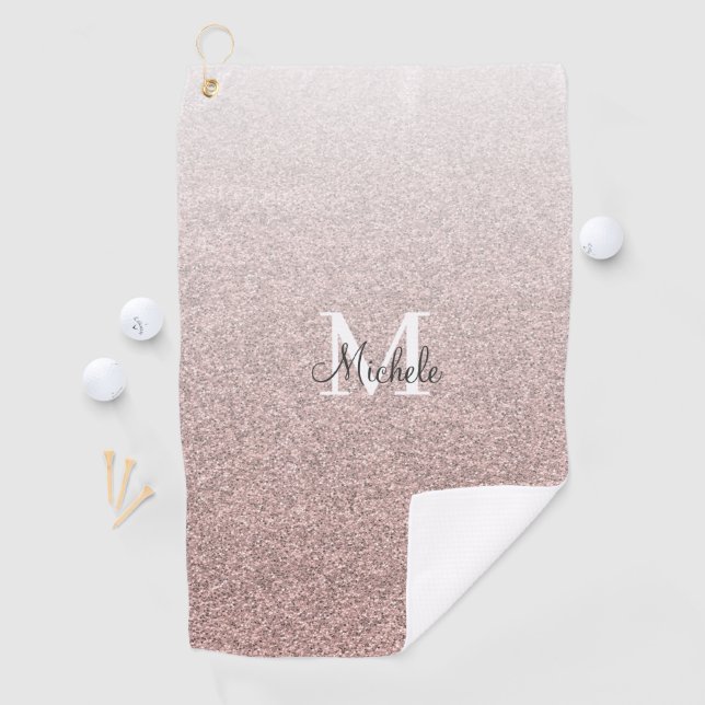 Girly Rose Gold Pink Glitter Monogram Script Golf Towel (InSitu)