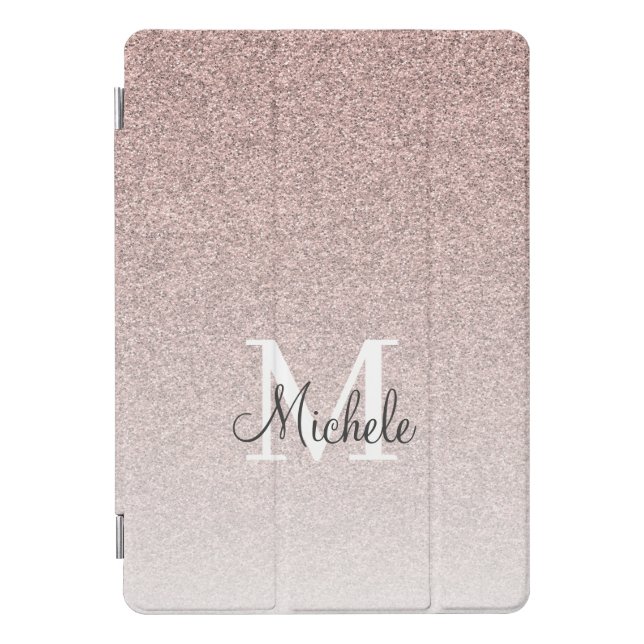 Girly Rose Gold Pink Glitter Monogram Script iPad Pro Cover (Front)