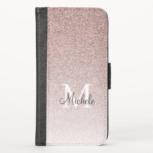 Girly Rose Gold Pink Glitter Monogram Script iPhone X Wallet Case
