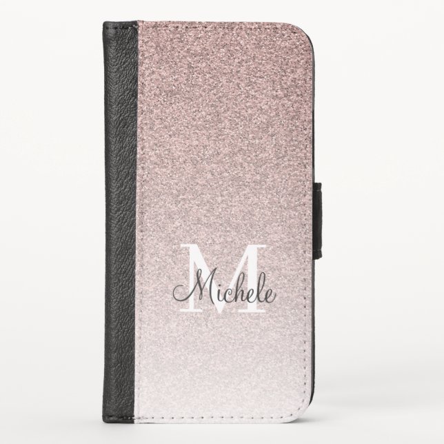 Girly Rose Gold Pink Glitter Monogram Script iPhone Wallet Case (Front)