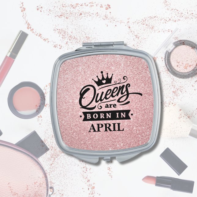 Girly Rose Gold Pink Glitter Queens Are Born In  Compact Mirror (Chic Girly Blush Pink Rose Gold Glitter Mirror with  Queens are born in ( birth month))