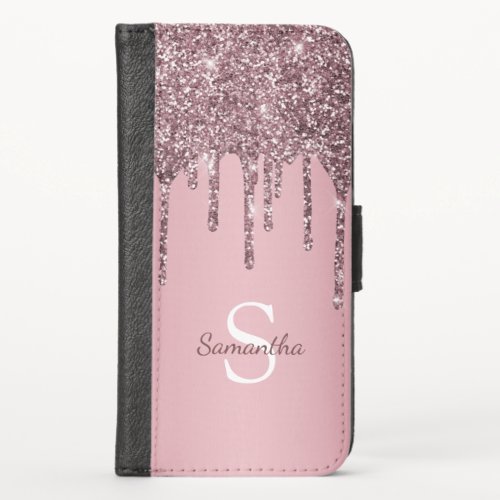 Girly Rose Gold Pink Glitter Sparkle Drip Monogram iPhone X Wallet Case