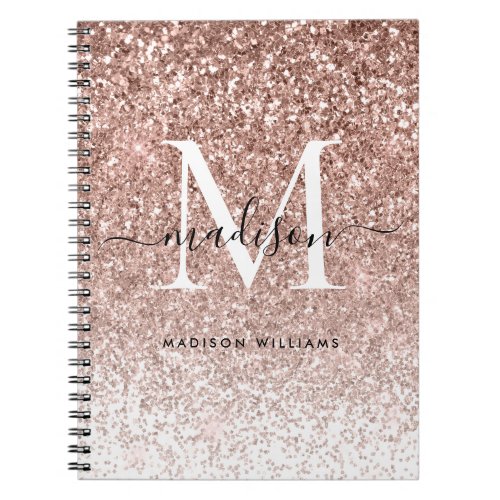 Girly Rose Gold Pink Glitter Sparkle Monogram Notebook