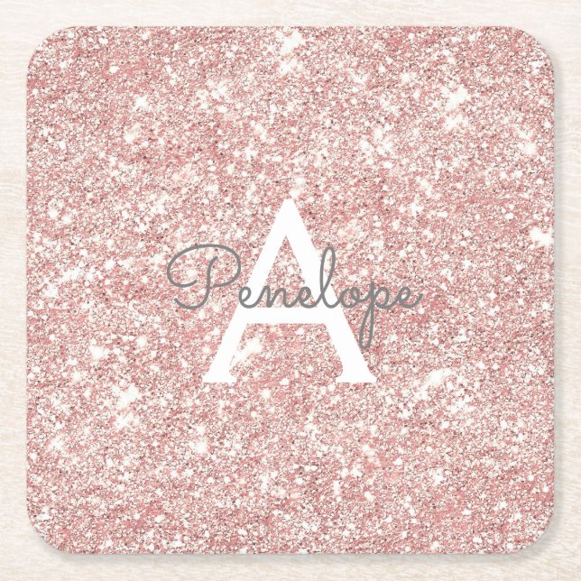 Girly Rose Gold Pink Glitter Sparkle Monogram Square Paper Coaster (Front)