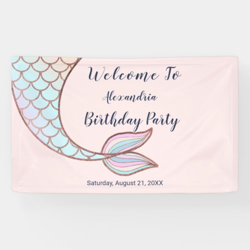 Girly Rose Gold Pink Mermaid Tail Pool Birthday Banner