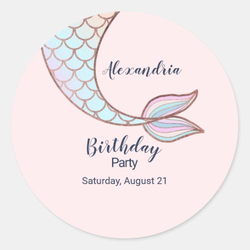 Girly Rose Gold Pink Mermaid Tail Pool Birthday Classic Round Sticker