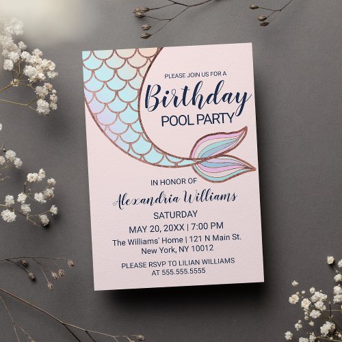 Girly Rose Gold Pink Mermaid Tail Pool Birthday Invitation