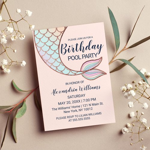 Girly Rose Gold Pink Mermaid Tail Pool Birthday Magnetic Invitation