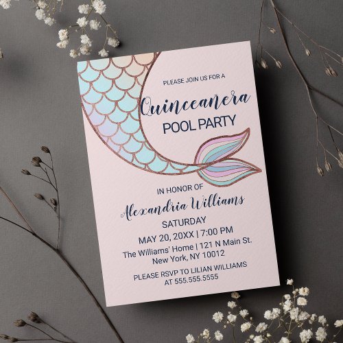 Girly Rose Gold Pink Mermaid Tail Quinceaera Invitation