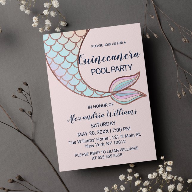 Girly Rose Gold Pink Mermaid Tail Quinceañera Invitation