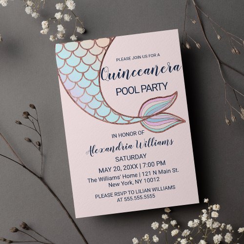 Girly Rose Gold Pink Mermaid Tail Quinceaera Invitation Postcard