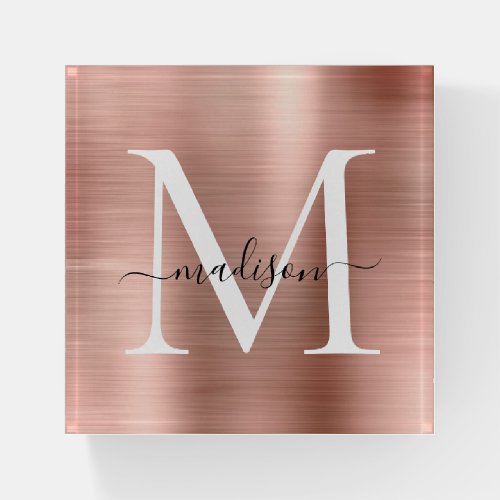 Girly Rose Gold Pink Metal Foil Script Monogram Paperweight