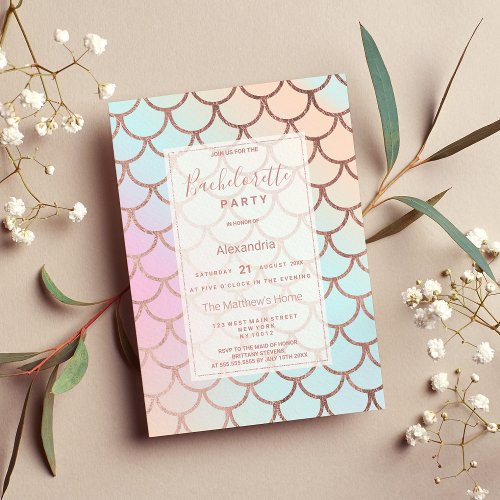 Girly Rose Gold Pink Ombre Mermaid Bachelorette Invitation