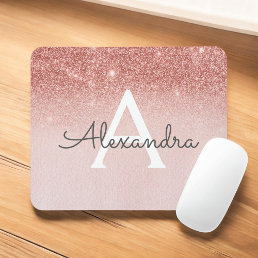 Girly Rose Gold - Pink Sparkle Glitter Monogram Mouse Pad