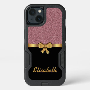 GIRLY ROSE GOLD PRINTED GLITTER GOLD BOW monogram iPhone 13 Case