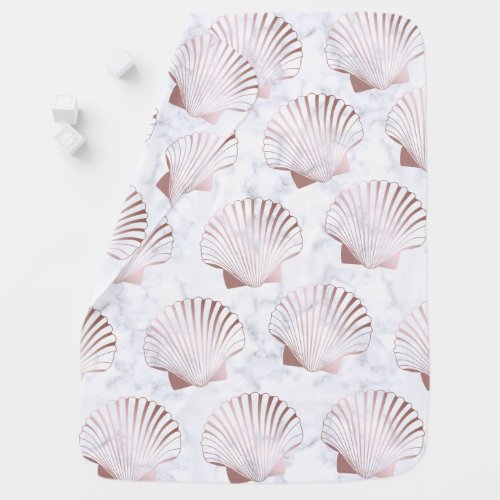 Girly rose gold seashell pattern  white marble baby blanket