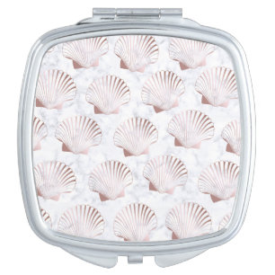 Girly rose gold seashell pattern & white marble compact mirror