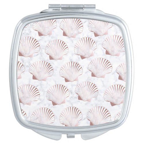 Girly rose gold seashell pattern  white marble compact mirror