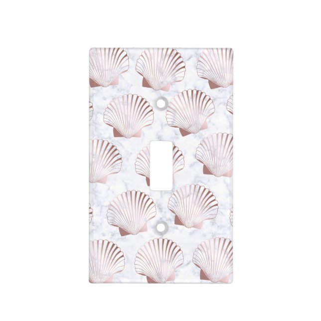 Girly rose gold seashell pattern & white marble light switch cover (Front)