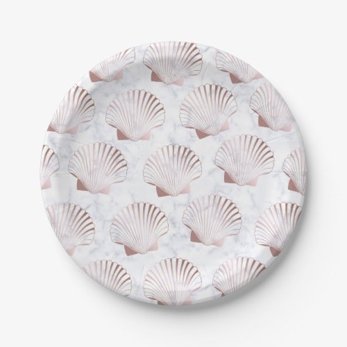 Girly rose gold seashell pattern  white marble paper plates