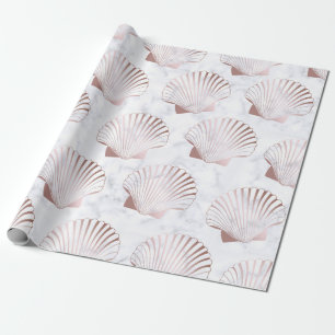 Girly rose gold seashell pattern & white marble wrapping paper