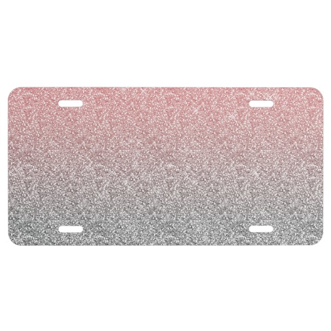 Girly Rose Gold Silver Glitter Ombre Design License Plate (Front)
