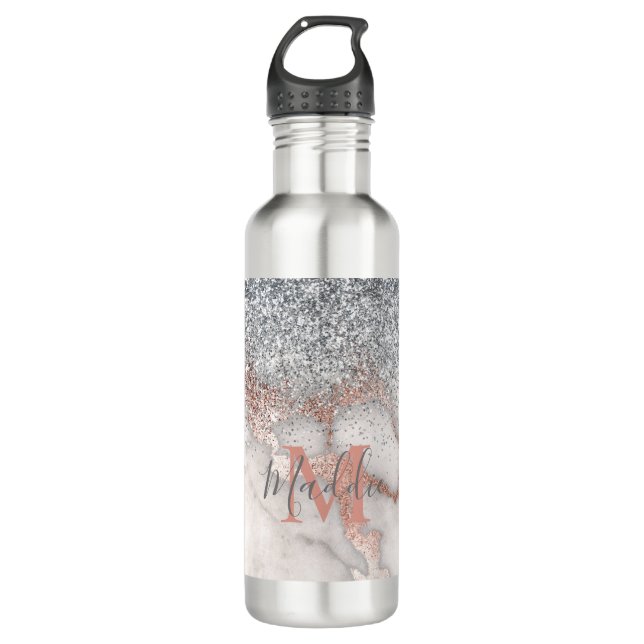 Girly Rose Gold Silver Marble Monogrammed Name Stainless Steel Water Bottle (Front)
