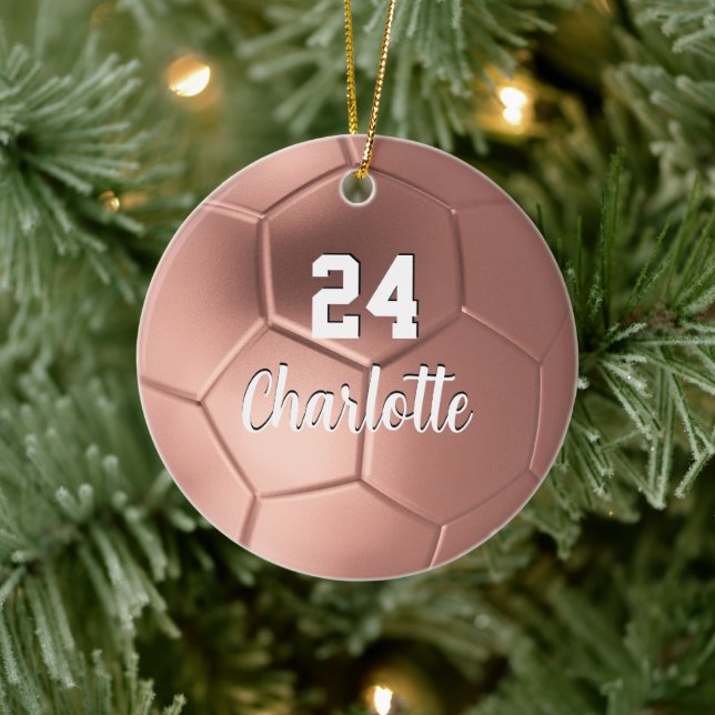 Girly Rose Gold Soccer Ball Personalized Name Ceramic Ornament (Tree)
