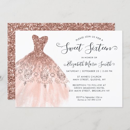 Girly Rose Gold Sparkle Dress Sweet 16th Birthday Invitation