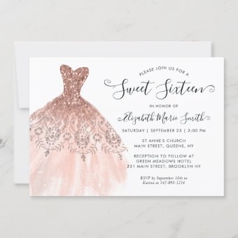 Girly Rose Gold Sparkle Dress Sweet 16th Birthday Invitation | Zazzle