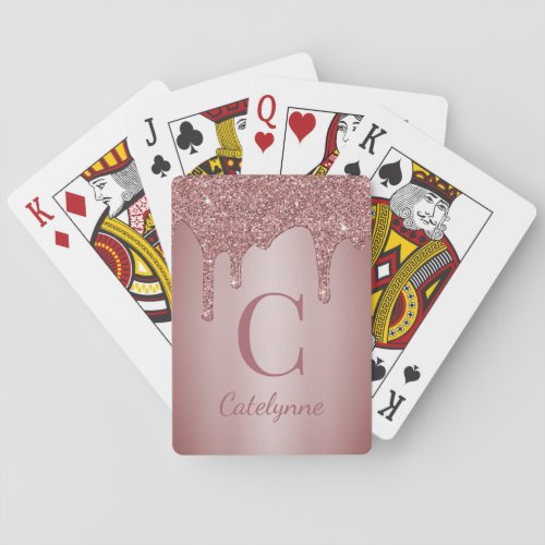 Girly Rose Gold Sparkle Dripping Glitter Monogram Playing Cards