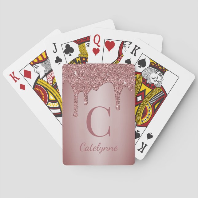 Girly Rose Gold Sparkle Dripping Glitter Monogram Poker Cards (Back)