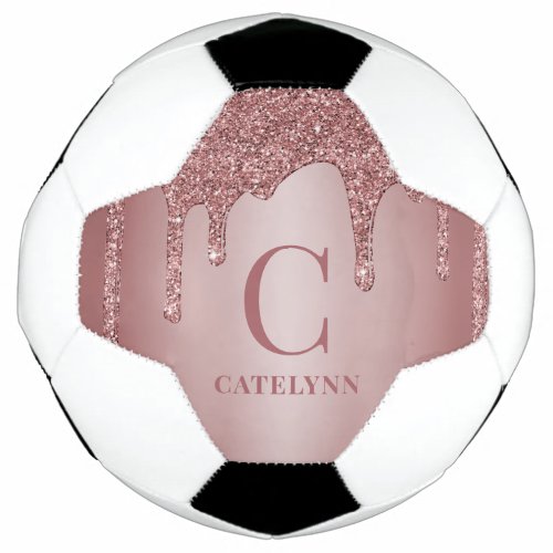 Girly Rose Gold Sparkle Dripping Glitter Monogram Soccer Ball