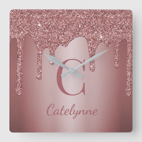 Girly Rose Gold Sparkle Dripping Glitter Monogram Square Wall Clock
