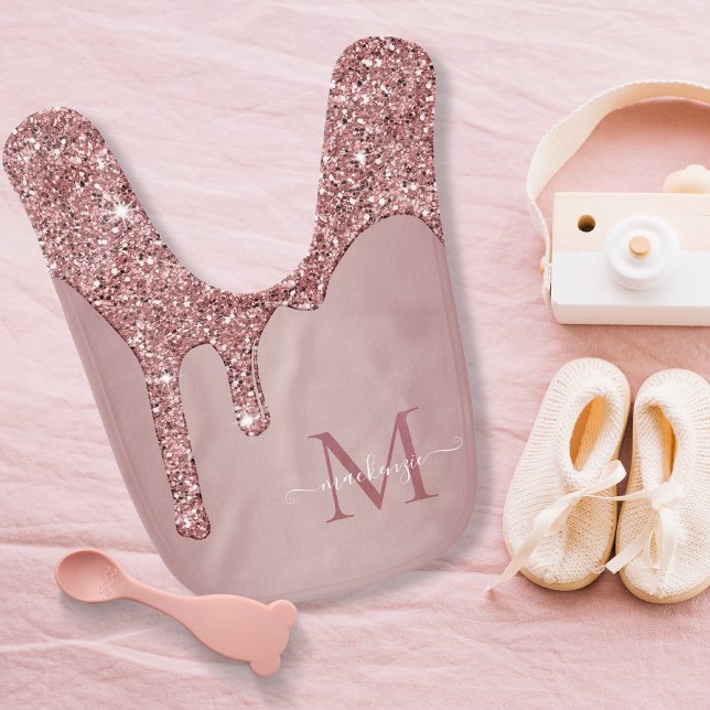 Girly Rose Gold Sparkle Glitter Drips Monogram Baby Bib (Creator Uploaded)