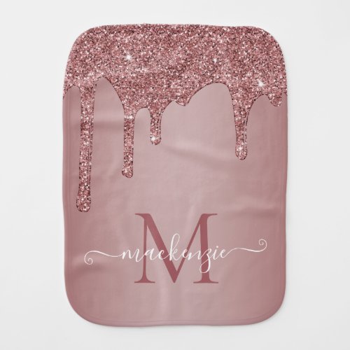 Girly Rose Gold Sparkle Glitter Drips Monogram Baby Burp Cloth