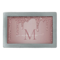 Girly Rose Gold Sparkle Glitter Drips Monogram Belt Buckle