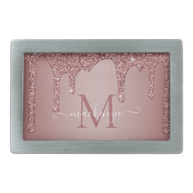 Girly Rose Gold Sparkle Glitter Drips Monogram Belt Buckle (Front)